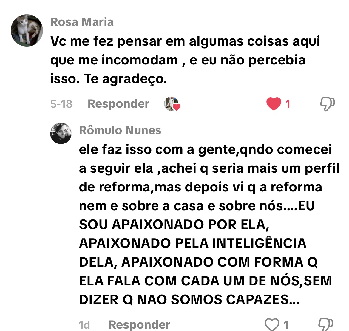 Comentários sobre reflexão, consciência e a forma de Fernanda se comunicar
